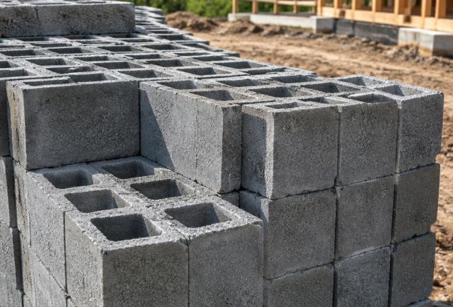 Hollow concrete masonry blocks at a building site