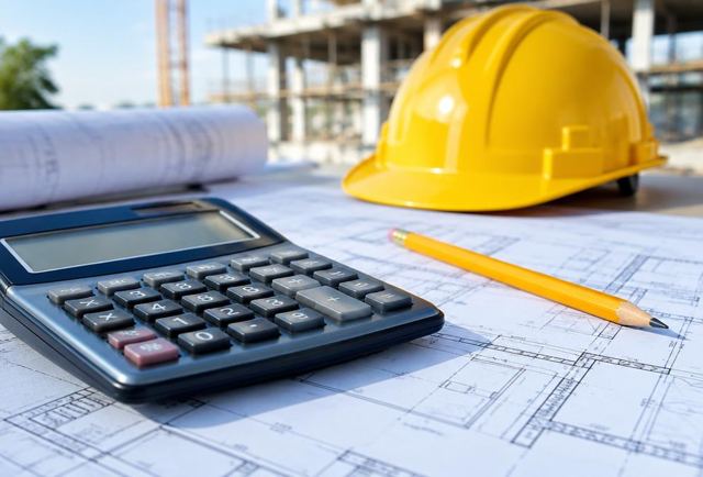 Calculator and hard hat on construction drawings
