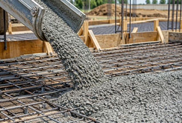 Fresh concrete poured into a reinforced slab