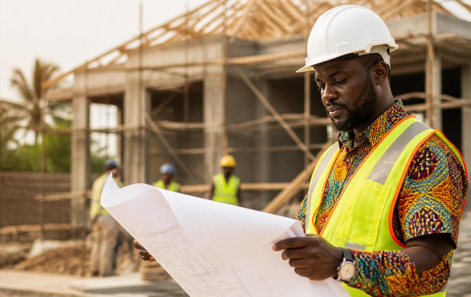 Building contractor reviewing plans on a residential construction site in Accra