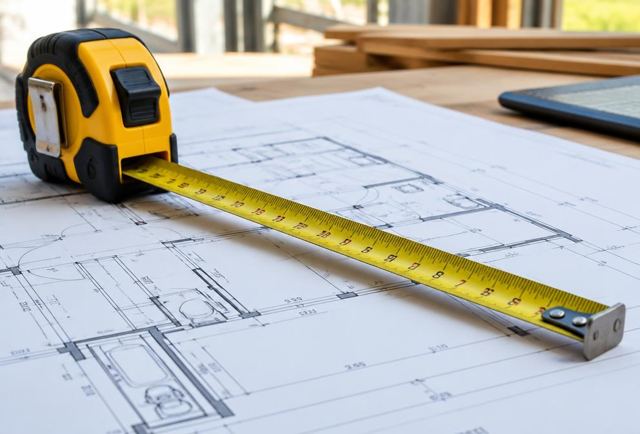 Tape measure across architectural drawings