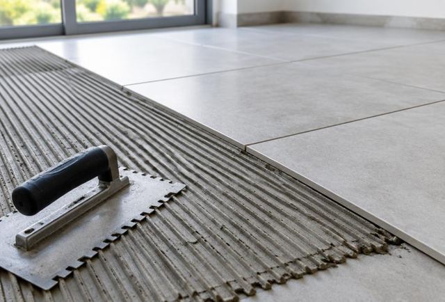Floor tiles and notched adhesive trowel